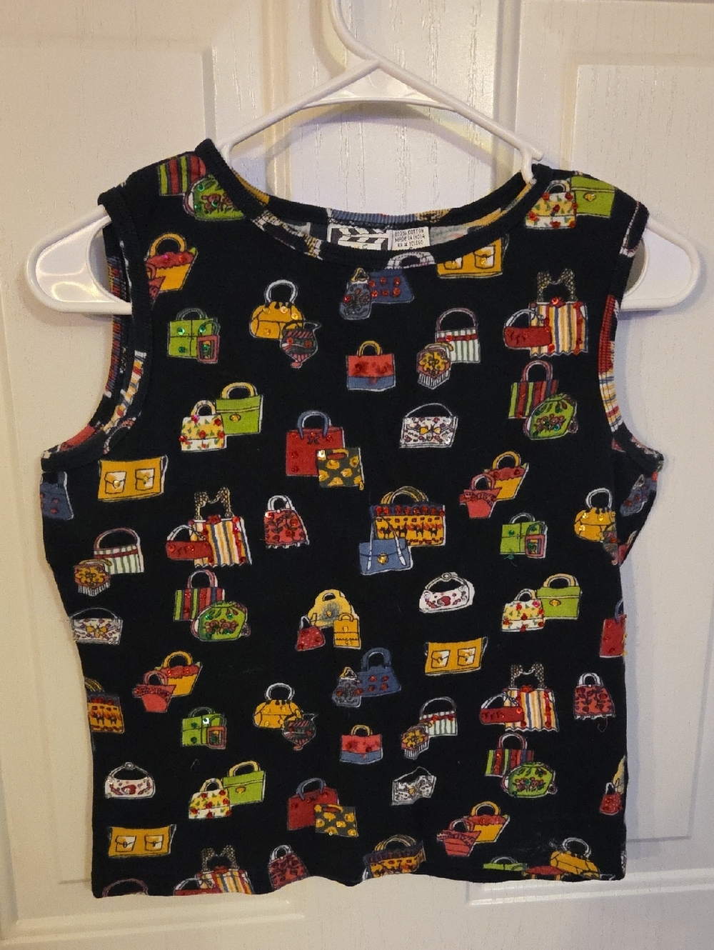 Vintage Take Two Sleeveless Black Tank Top with Colorful Purse Print Size Small